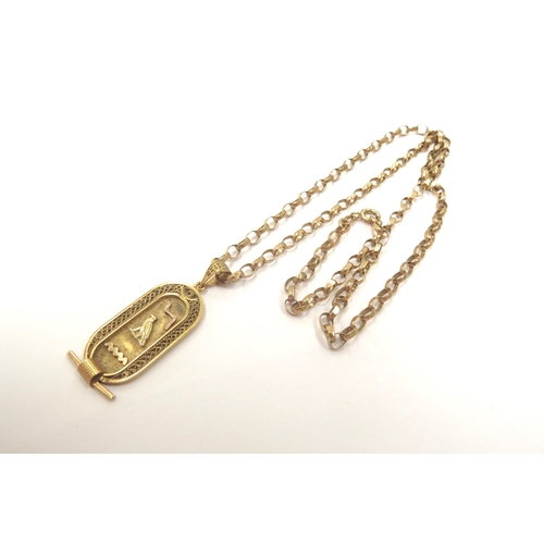 9140 - A 9ct gold belcher link necklace, 50cm long hung with an Egyptian gold pendant, 10g total