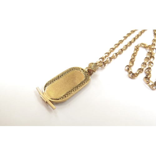 9140 - A 9ct gold belcher link necklace, 50cm long hung with an Egyptian gold pendant, 10g total