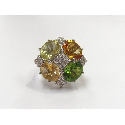 9311 - A green, yellow and orange quartz, peridot and diamond cluster ring, 0.50ct diamond total approx, st... 