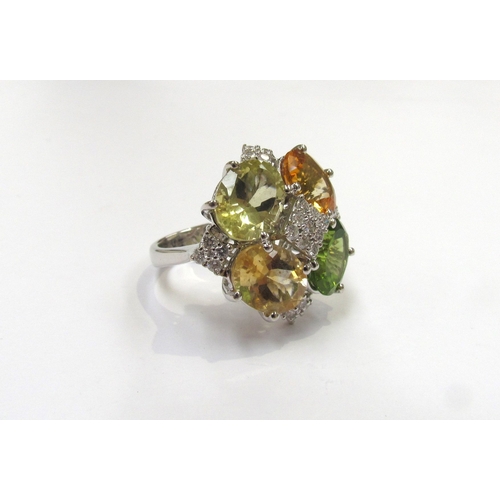 9311 - A green, yellow and orange quartz, peridot and diamond cluster ring, 0.50ct diamond total approx, st... 