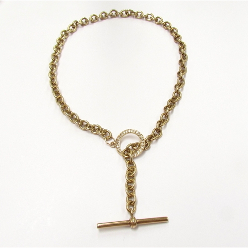 9281 - A gold necklace in the style of a watch chain with diamond studded loop and T-bar fastening, unmarke... 