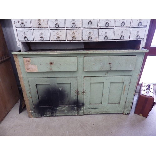 2068 - A 19th century painted pine dresser base with, two drawers and two doors, missing base a/f