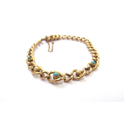 9286 - A gold bracelet set with three turquoise cabochons and two pearls, stamped 15ct, 18cm long, 9.7g   (... 