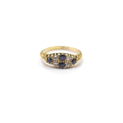 9354 - An 18ct gold old cut diamond and sapphire ring in scroll mount. Size N, 3g        (E) £100-120