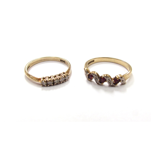 9388 - A 9ct gold ring set with a row of five small diamonds, size M/N and a 9ct gold ruby and diamond chip... 