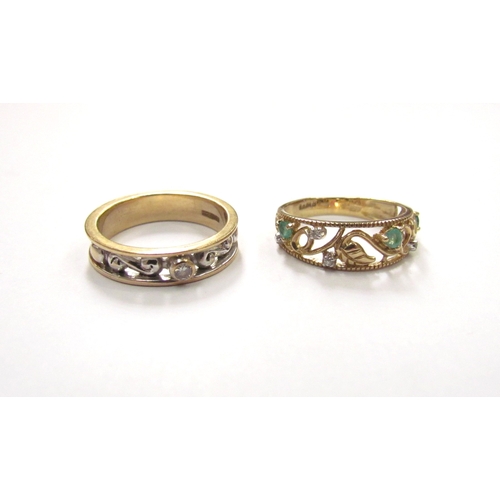 9389 - Two 9ct gold open work rings, one emerald and diamond foliate design, size N/O the other diamond scr... 