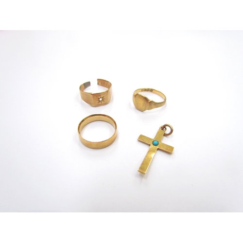 9386 - An 18ct gold wedding band, size L/M, 18ct gold ring (cut) cross pendant stamped 18ct and an 18ct gol... 