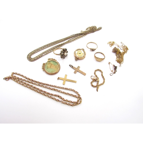 9387 - A quantity of 9ct gold items (mostly broken) including watch case with movement, stone set rings, ne... 