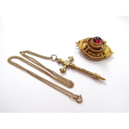 9390 - A Victorian yellow metal brooch, back panel missing and a propelling pencil as a cross hung on chain