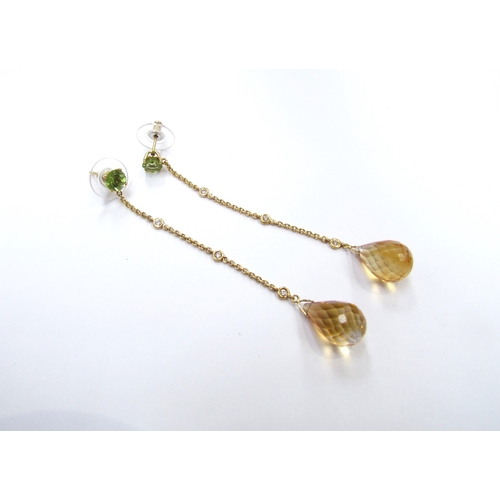 9294 - A pair of yellow gold citrine, peridot and diamond drop earrings, unmarked 18ct, 8cm long, 6.2g   (R... 