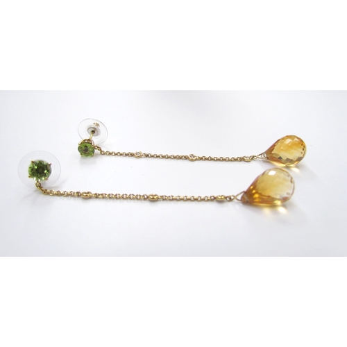 9294 - A pair of yellow gold citrine, peridot and diamond drop earrings, unmarked 18ct, 8cm long, 6.2g   (R... 