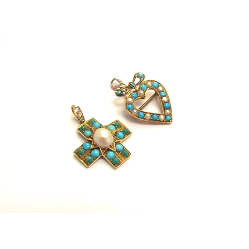 9141 - A cross shaped pendant set with green and blue turquoise, with a pearl to centre and old cut diamond... 