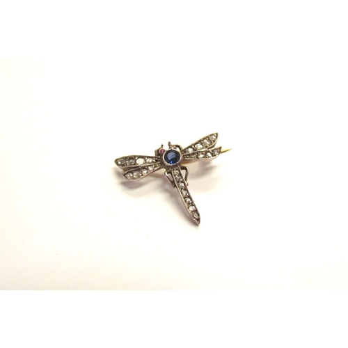 9313 - A dragonfly brooch with ruby eyes, sapphire thorax and old cut diamond abdomen and wings, unmarked, ... 