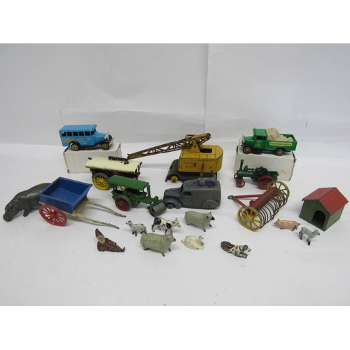 7233 - Assorted playworn lead figures and diecast vehicles including reclining gnome, farm animals, Britain... 