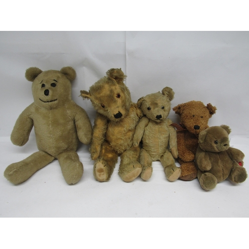 7135 - Two mid 20th Century careworn golden mohair teddy bears, one with plastic eyes, stitched nose, mouth... 