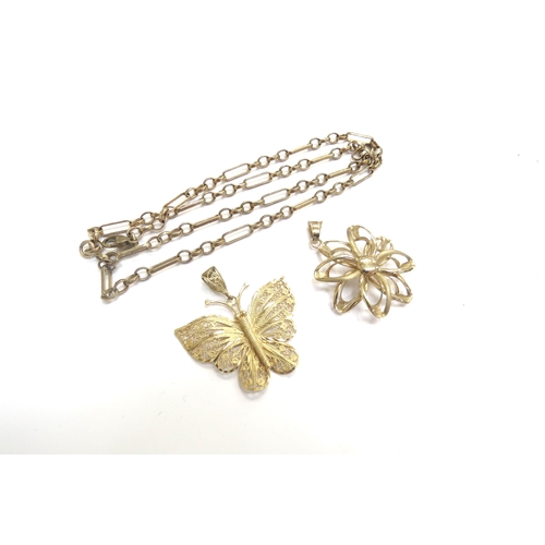 9377 - A 9k neckchain, 9ct gold butterfly pendant and a 9ct gold flower form pendant, 14.2g