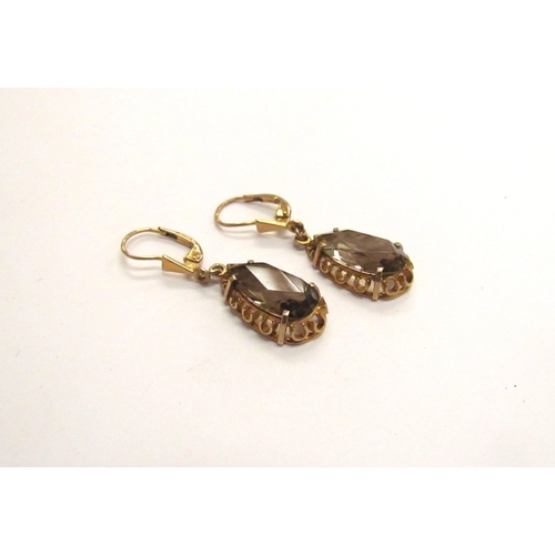 9364 - A pair of 9ct gold smoky quartz drop earrings, 3.9cm drop, 4.8g