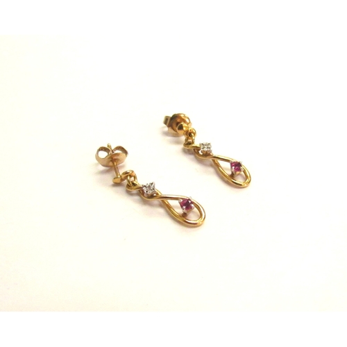 9359 - A pair of 9ct gold ruby and diamond drop earrings, 2.3cm drop, 1.9g