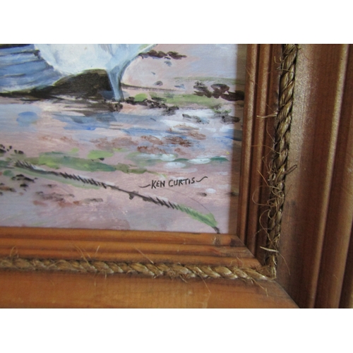 1048 - KEN CURTIS: An acrylic titled 'Dinghy At Pin Mill' signed lower right, framed, 20cm x 24cm image siz... 