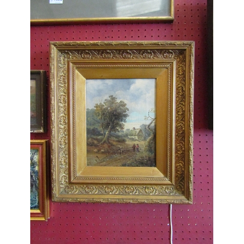 1053 - A 19th Century oil on canvas depicting a rural scene with figures and cottage to the background, lab... 