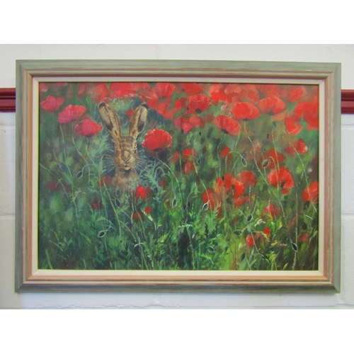 1267 - JOHN RYAN: An acrylic on board entitled 'Hare among the poppies,' signed lower right, framed, 46cm x... 