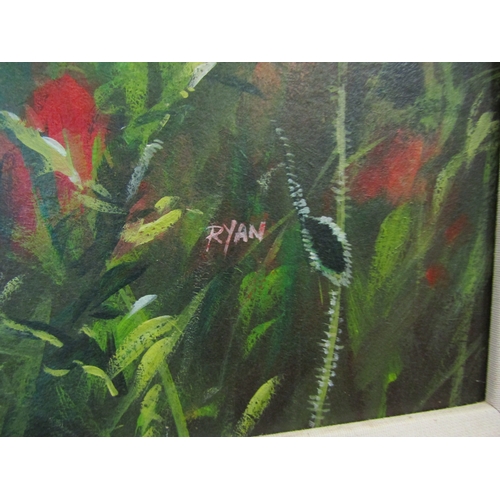 1267 - JOHN RYAN: An acrylic on board entitled 'Hare among the poppies,' signed lower right, framed, 46cm x... 