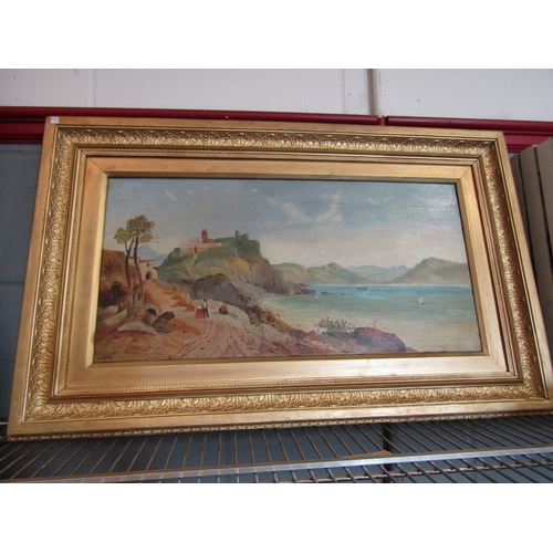 1341 - K. GRESUETT: A 19th Century naïve oil on canvas depicting Continental scene of figures by shore with... 