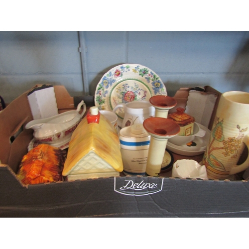 1346 - A box including Arthur Wood vase, earthenware, Runtons Pottery jugs, Myott gravy boat, Masons plate.... 