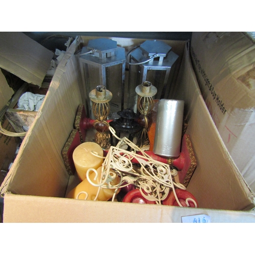 1350 - Two boxes of mixed, candlesticks, lanterns etc