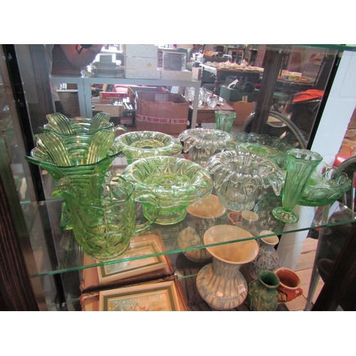 1371 - Six pieces of large coloured glassware, mostly green, including vase, rose bowls and tankard