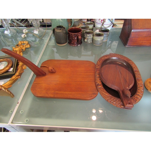 1395 - A Scandinavian cheese board with mouse, a German bread board with carved inscription 