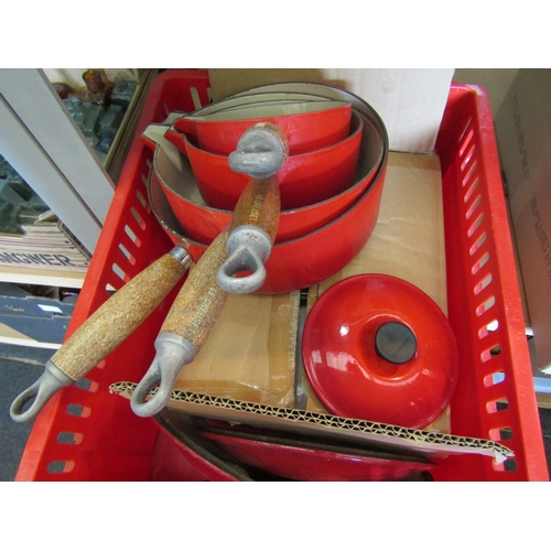 1403 - Two boxes, Le Crueset pan set (a/f), stool, large decorative key etc.