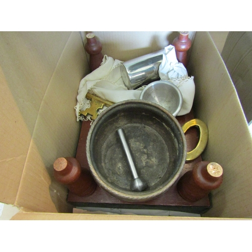 1403 - Two boxes, Le Crueset pan set (a/f), stool, large decorative key etc.