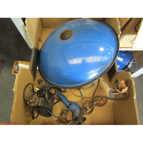 1408 - A box containing assorted lamps and an enamel light shade including two handmade examples     (E) £1... 