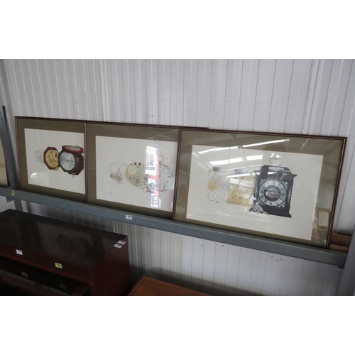 2082 - A set of three framed clock prints, embossed and signed David Penney 1981