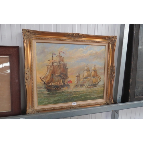 2091 - A gilt framed oil on canvas of British and American sailing ship signed 