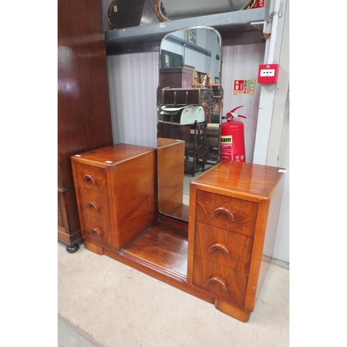 2120 - A Deco walnut dressing chest, raised mirror back, six pedestal drawers