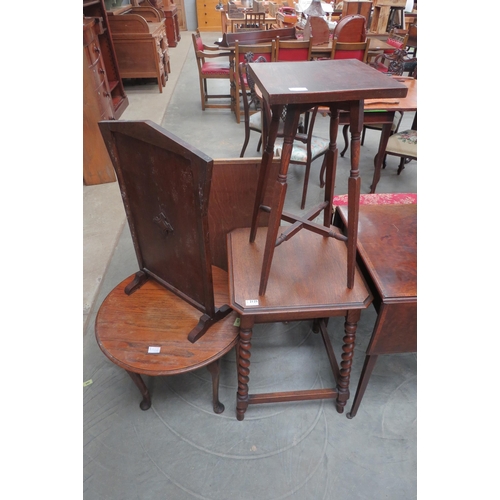 2125 - Three tables, including barley twist leg, one circular and a cross stretcher wine table and an oak f... 