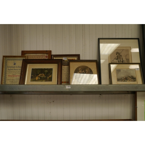 2214 - Six framed prints and etchings and two framed certificates   (E) £10-20