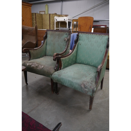 2259 - A pair of Victorian scroll arm, armchairs for reupholstery