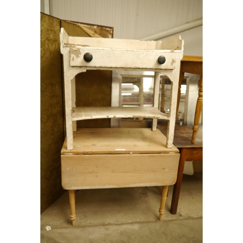 2267 - A Victorian painted washstand with single drawer and gallery back. A pine drop leaf kitchen table (2... 