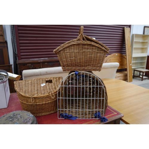 2279 - A selection of wicker including animal cage and bike basket