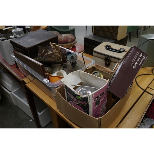 2285 - Two boxes of miscellaneous including parafin heaters and bygone kichenware and a eumig projector