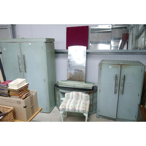 2289 - An Art Deco green painted bedroom suite comprising a wardrobe, tall boy and dressing table