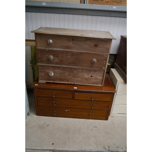 2294 - A Stripped pine three drawer chest for restoration and a mahogany two over three low chest (2)