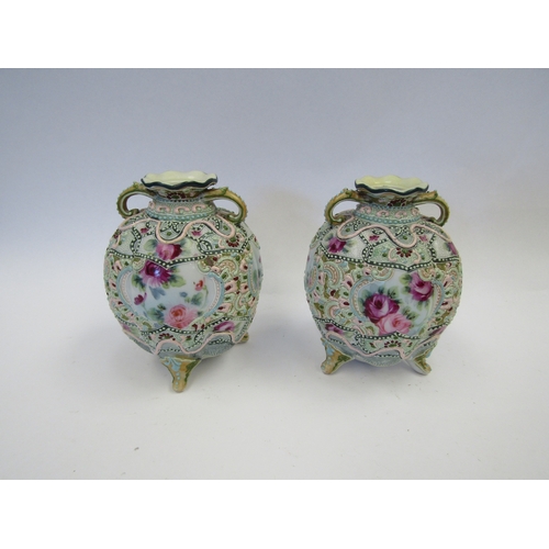 1268 - A pair of 20th Century Nippon Moriage bulbous form vases with raised decoration and floral panels, t... 