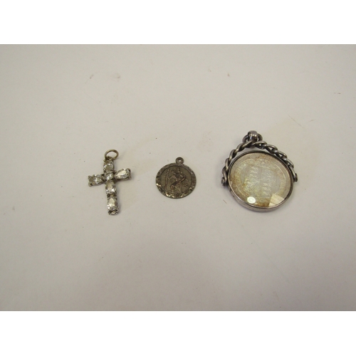 1274 - A silver ingot pendant, coin fob, St Christopher pendant, ring, necklace, etc