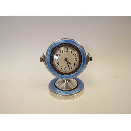 1295 - An Art Deco silver and blue enamel guilloche, Swiss movement alarm clock