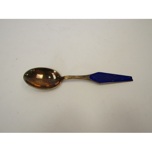 1297 - A Danish sterling silver gift presentation spoon with blue enamel decoration, dated 1965, in origina... 