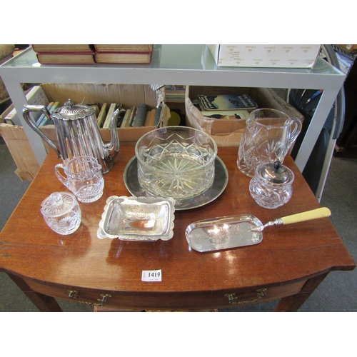 1418 - A silver plated coffee pot, silver collared crumb scoop, plated dish and tray together with glasswar... 